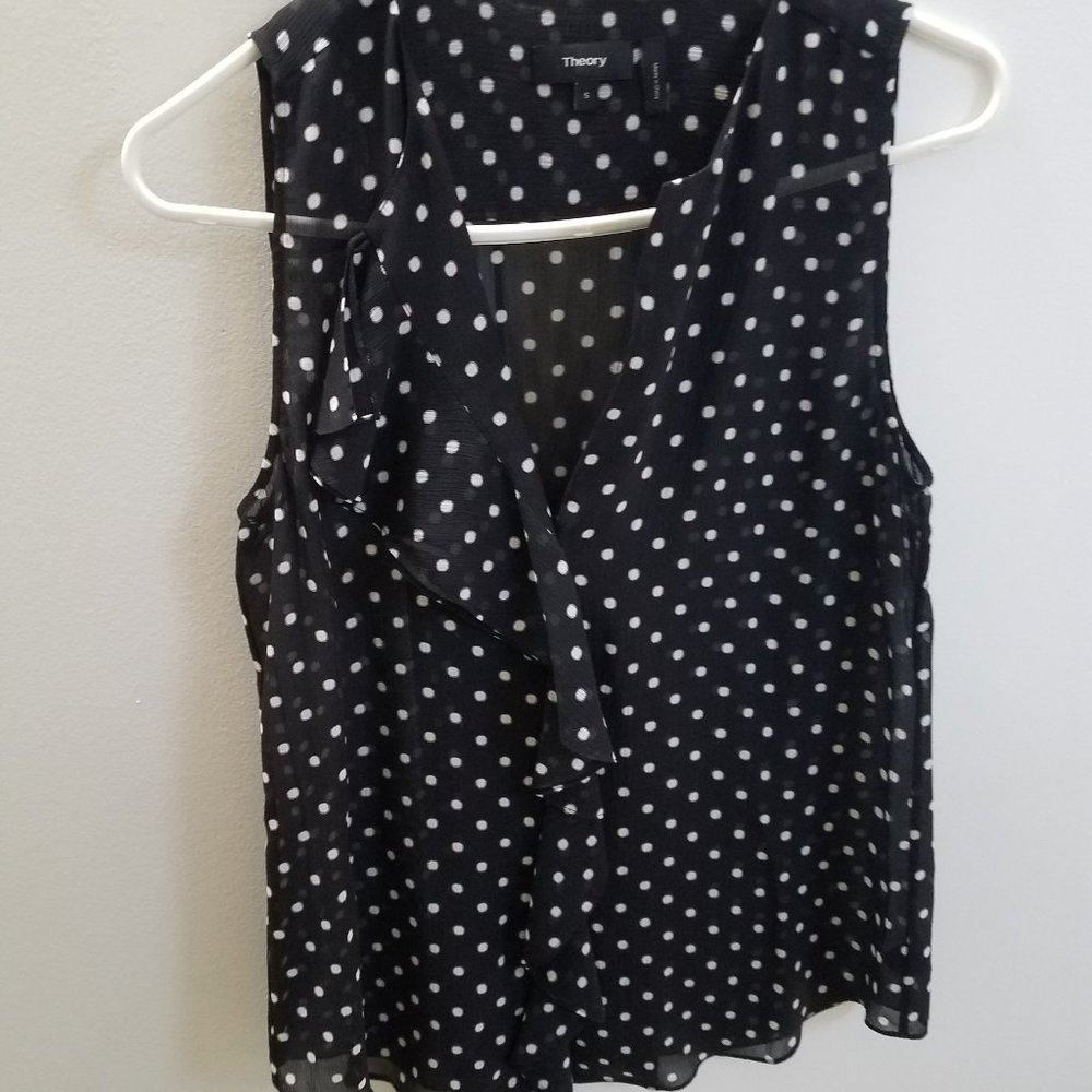 Theory Silk Sleeveless Blouse Top - Small S - Black and White Polka Dots